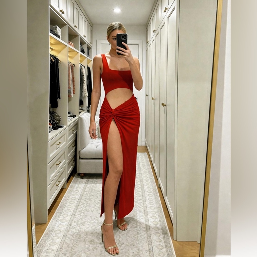 Micas ruched Red Cutout Maxi Dress XS MC7-6